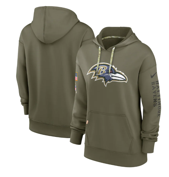 Women's Baltimore Ravens 2022 Olive Salute to Service Therma Performance Pullover Hoodie(Run Small)